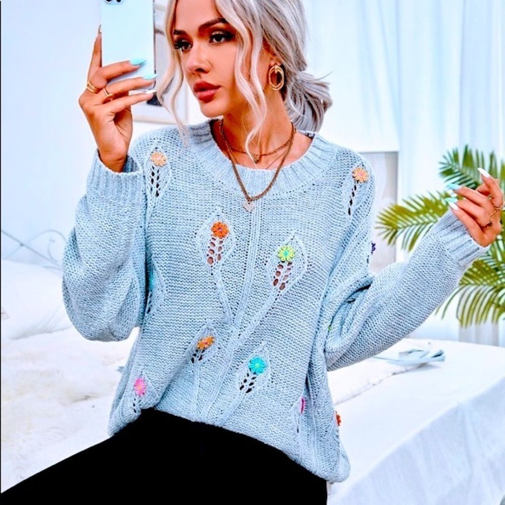 NWT! COLORFUL FLOWER HAND EMBROIDERED DROP SHOULDER POINTELLE KNIT SWEATER-GRAY!
